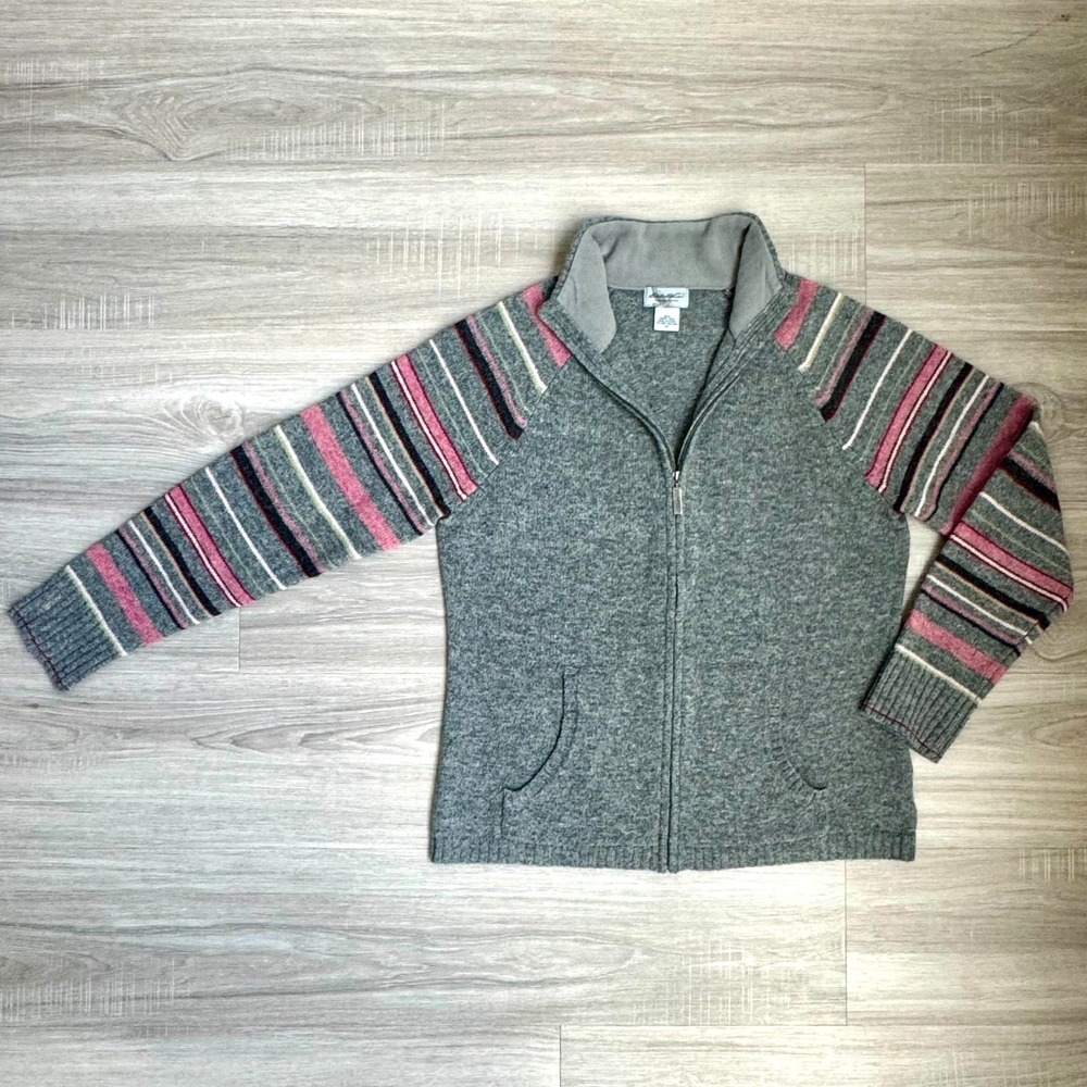Women's Gray Vintage Lambs Wool Long Sleeve Zip Up Knit Sweater M Y2K Cabin Cozy